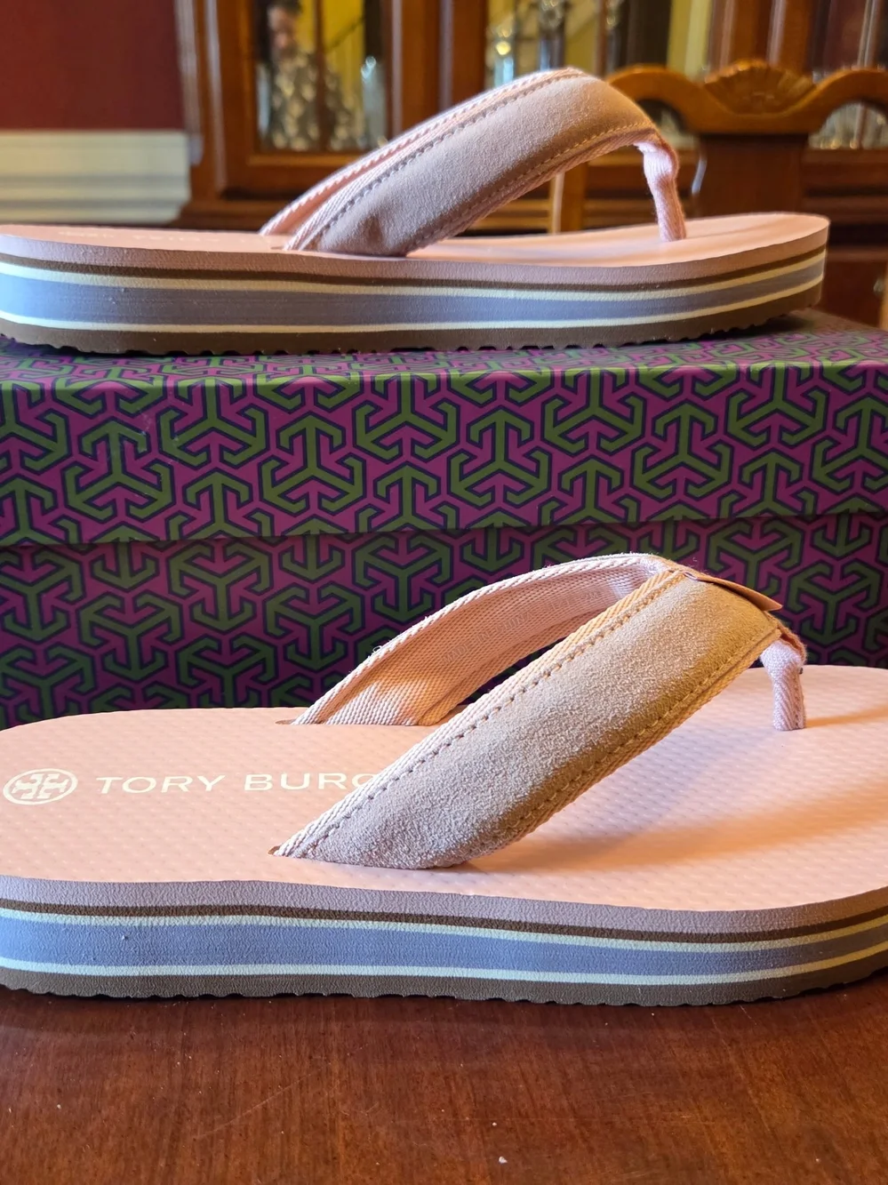 Tory Burch Blush Pink Suede-Trim Flip Flop Sandals